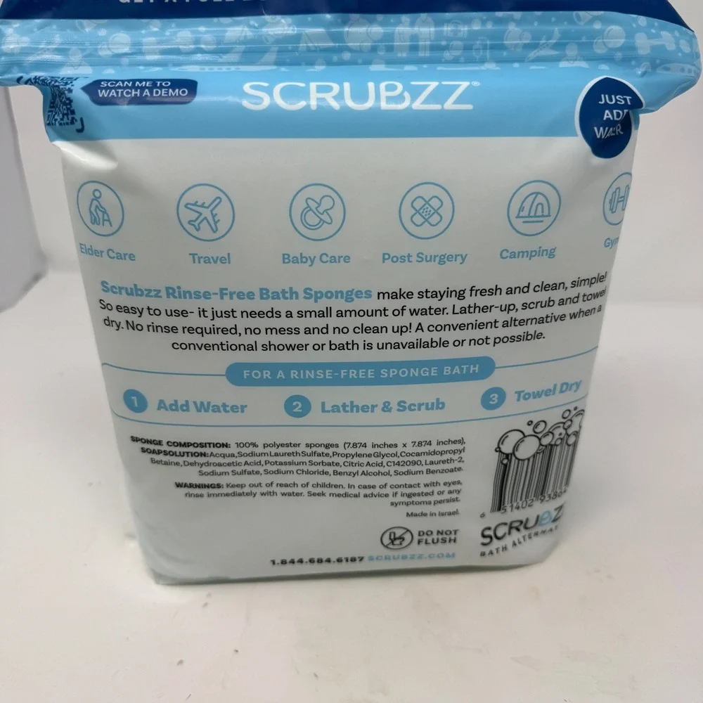 NEW Scrubzz Rinse-Free Bath Sponges Soap & Shampoo 25 Pack Camping Elder‎ Care